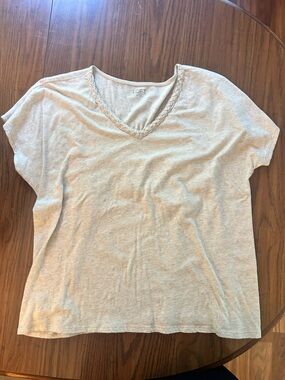 LOFT Cream Short-Sleeve V-Neck Top with Braided Trim